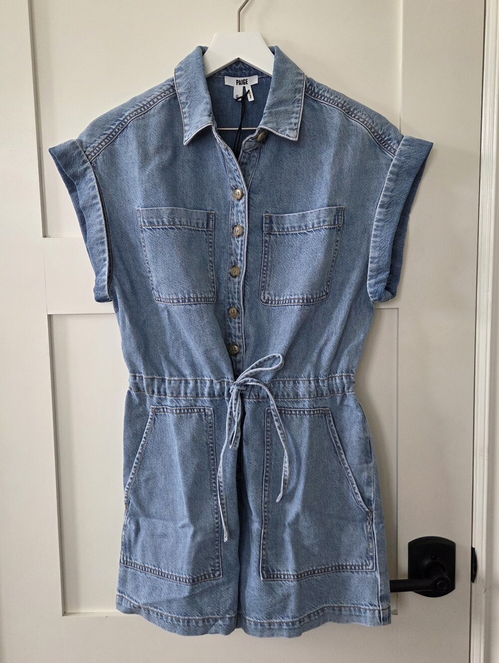 PAIGE Maliah Light Blue Denim Button-Up Romper with Drawstring - Picture 5 of 8
